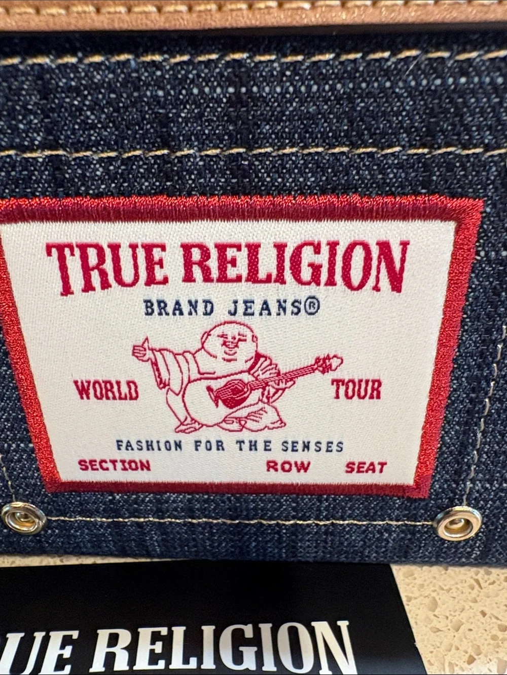 True Religion NWT Dark Denim & Tan Leather Large Wallet/Wristlet MSRP $48 - Picture 2 of 7